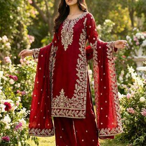 New Designer GMY SILK With Heavy Embroidery Sequence Work Top-Bottom And Dupatta